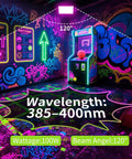 Room lit by 100W LED Black Light Flood Light 2 Pack, UV glow, graffiti walls, arcade game, neon art, 120-degree beam angle.