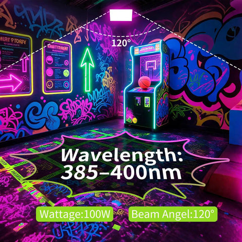 Room lit by 100W LED Black Light Flood Light 2 Pack, UV glow, graffiti walls, arcade game, neon art, 120-degree beam angle.