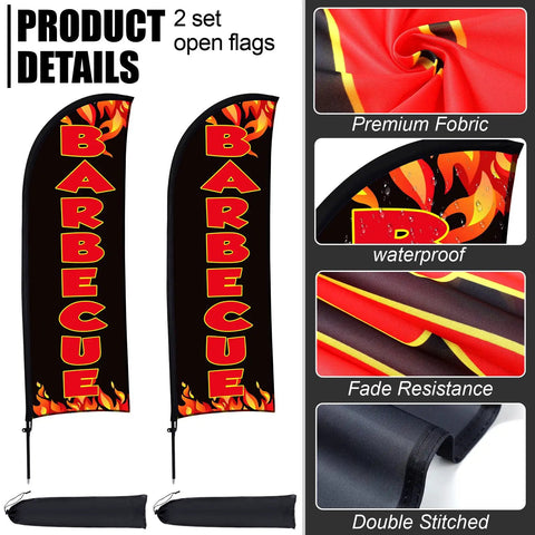Two Pack Barbecue Feather Flag Kit With Ten Flag Poles Two Ground Stakes And Two Portable Bags For Outdoor Restaurant Advertising