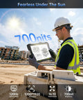 Heavy Duty 10.95 Inch Waterproof Rugged Tablet With A Built In 260 Lumen DLP Projector And Native 1080P Full HD Display, showing construction site use.