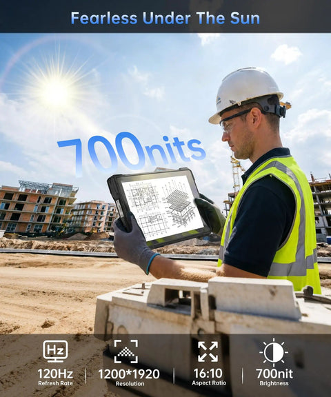 Heavy Duty 10.95 Inch Waterproof Rugged Tablet With A Built In 260 Lumen DLP Projector And Native 1080P Full HD Display, showing construction site use.