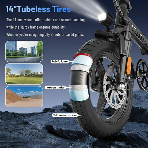 Foldable Electric Bike For Adults And Teens With 740W Peak Motor 48V 10Ah Removable Battery 20 MPH Top Speed And 30 To 35 Mile Pedal Assist Range A Compact 14 Inch Folding E Bike For Daily Commute showing tubeless tire structure