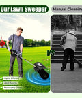 Gas Powered Handheld Sweeper For Driveways And Lawns, 2.3HP 52cc Outdoor Broom With Air Filter, Manual Puller, And High Density Nylon Brush, Wide 20 Inch Sweep For Snow, Leaves, Debris On Turf, Street, And Artificial Grass showing use on lawn