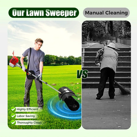 Tough 52cc Gas Powered Handheld Sweeper With Cushioned Grip And Widened 20 Inch Nylon Brush in action, clearing leaves from lawn.