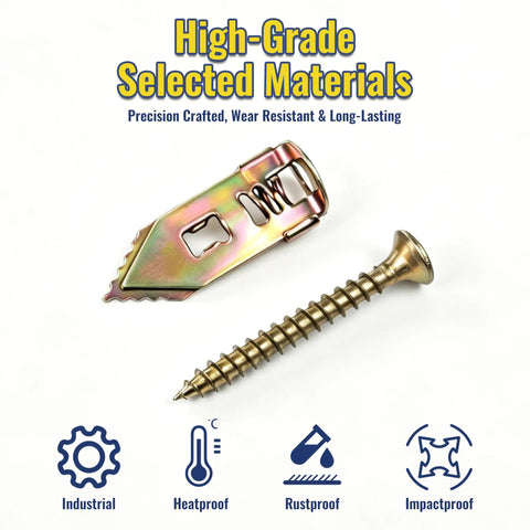 Zinc Plated Metal Anchor and Screw from Three Size Self Drilling Drywall Anchors Kit with symbols for durability features.