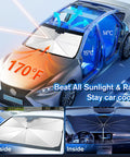 Windshield Sun Shade Umbrella For Cars With 360 Degree Rotating Bendable Handle, UV Block Heat Insulation, shown installed on windshield