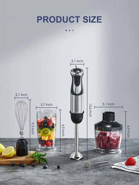 Product size infographic showcasing 5 In 1 Heavy Duty Hand Immersion Blender With 1000W Copper Motor and attachments dimensions.