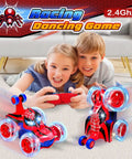 Children playing with Rad Spider RC Car For Boys Aged 4 To 7, 360 Flip Monster Crawler with LED night glow, indoor fun.