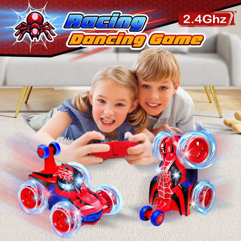 Children playing with Rad Spider RC Car For Boys Aged 4 To 7, 360 Flip Monster Crawler with LED night glow, indoor fun.