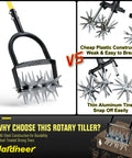 Heavy Duty Rotary Cultivator For Gardening With Long Handle Workhorse Tiller comparison of steel and plastic construction