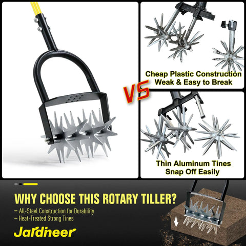 Heavy Duty Rotary Cultivator For Gardening With Long Handle Workhorse Tiller comparison of steel and plastic construction