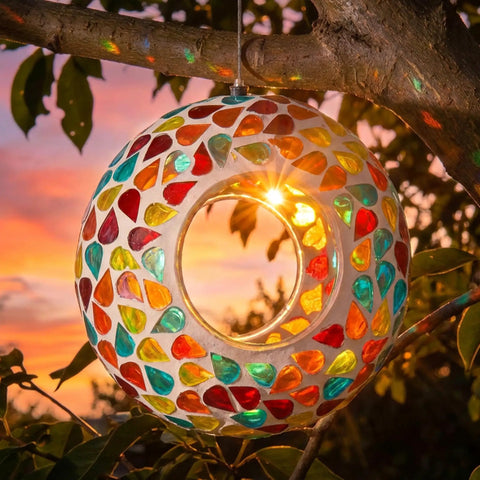 6 Inch Glass Mosaic Hanging Bird Feeder For Outdoors With Fly Through Opening showing colorful confetti pattern at sunset