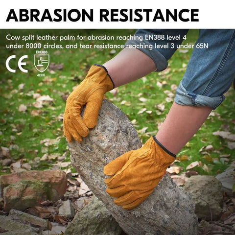 3 Pack Unlined Cowhide Leather Work Gloves for Heavy Duty Driving, Warehouse, Farm, Gardening and DIY Projects, Size XL, Gold CB9501, Tough As Nails Hand Protection, shown in use for abrasion resistance test