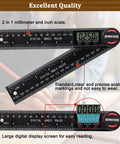Handy Angle Finder Protractor With 7 Inch Ruler For Woodworking Carpentry And Construction DIY Friendly Readout For Internal And External Angles Dual Function Durable ABS Two Batteries Included showing digital display and scale markings.