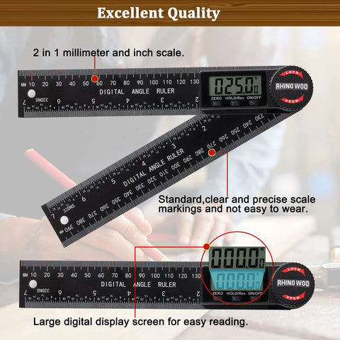 Handy Angle Finder Protractor With 7 Inch Ruler For Woodworking Carpentry And Construction DIY Friendly Readout For Internal And External Angles Dual Function Durable ABS Two Batteries Included showing digital display and scale markings.