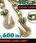 Heavy Duty 3/8 to 1/2 Inch Grade 70 Transport Chain Set With Binders and 10 Ft Chains, 6600 LBS Safe Working Load hooks detail