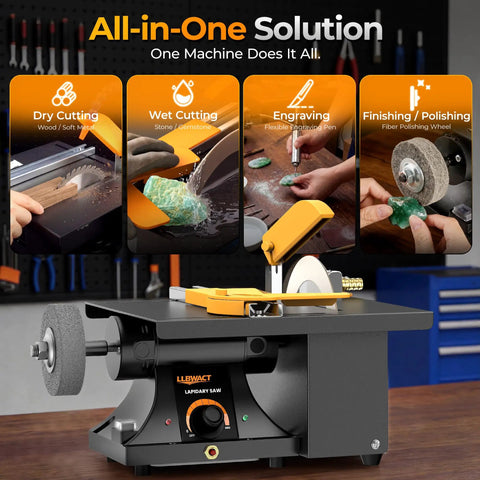 Beast Benchtop Lapidary Saw for cutting and engraving with 350W variable speed, water cooled, shown with dry cutting and polishing features
