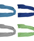 4 Pack Ice Cooling Towels 40x12 Inches in blue, grey, and green microfiber for instant cooling during sports and outdoor activities.
