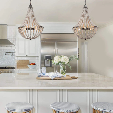 Farmhouse Boho Chandelier With Handmade Wood Beads For Dining Room Or Living Room, Natural Solid Wood Beads In White Distressed Finish, Three Light Fixture