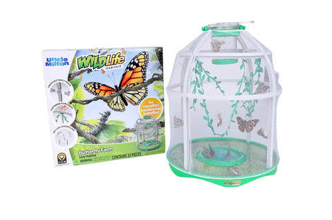Butterfly Farm Live Habitat Kit For Kids with habitat, caterpillars, and packaging displaying colorful butterfly