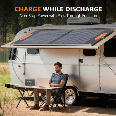 Man using laptop powered by 256Wh LiFePO4 Portable Power Station With 300W Continuous Output Solar Generator outside RV