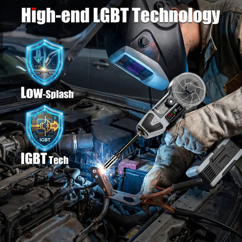 Person using 2 in 1 Handheld MIG and Stick Welder Workhorse Portable 250A Flux Core Gasless Welder 110V IGBT Inverter MMA Arc