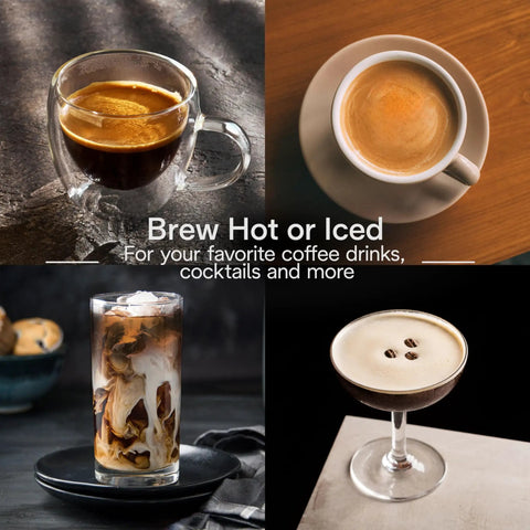 Assortment of hot and iced coffee drinks served in various glassware on a dark background