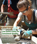 Woman using drill to secure gopher wire on outdoor frame, showcasing Half Inch Hardware Cloth 24 Inch By 50 Foot Welded Wire Mesh Roll 19 Gauge.