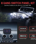 8 Gang Switch Panel With Blue LED Touch Control For Trucks ATVs UTVs Boats And Campers displayed in vehicle dashboard setup