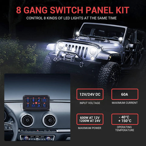 8 Gang Switch Panel With Blue LED Touch Control For Trucks ATVs UTVs Boats And Campers displayed in vehicle dashboard setup