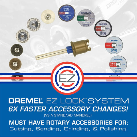 Dremel EZ Lock System with various accessible wheels including Max Life EZ545HP Diamond Wheel for rotary tools.