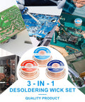 Image showing Desoldering Solder Wick Braid Kit With Flux, 3 Size Spools 0.08, 0.1, and 0.12 Inch, No Clean Low Residue for PCB repair shown.