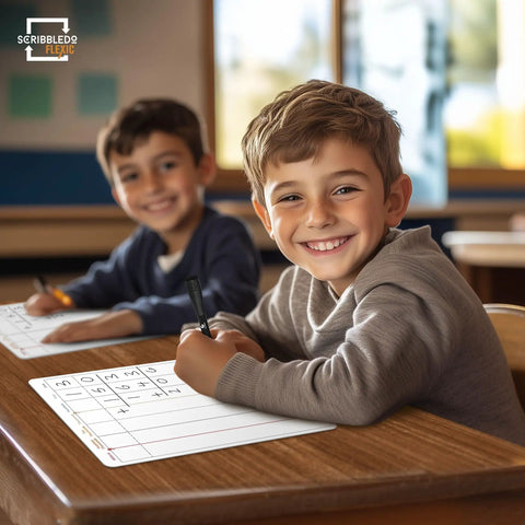 Two boys using Division And Place Value Math Practice 9 By 12 Inch Dry Erase Sheets White Boards For Third Grade in class