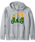 Auto Rickshaw Costume Zip Hoodie For Men Women And Kids Dope Graphic Sweatshirt With Classic Fit Premium Cotton Blend, gray with colorful rickshaw print.