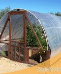 Greenhouse with Clear Heavy Duty Tarp 8x10 Ft Waterproof With Grommets, vegetable plants visible inside, sunny day