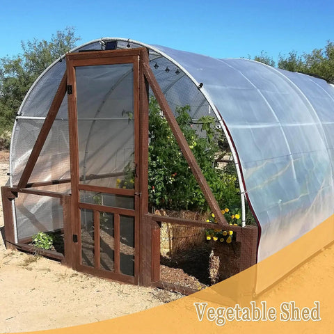 Greenhouse with Clear Heavy Duty Tarp 8x10 Ft Waterproof With Grommets, vegetable plants visible inside, sunny day