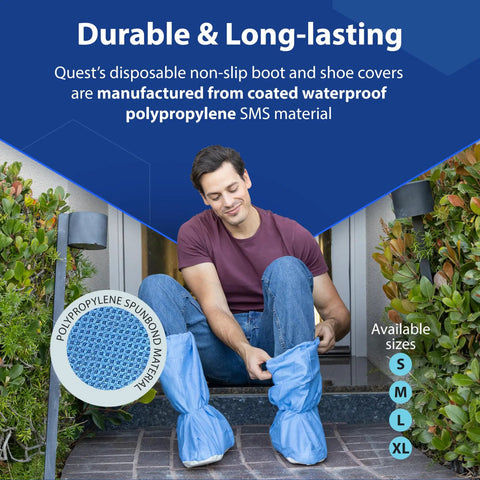 Man wearing Traction 18 Inch Blue Disposable Boot Covers With Non Slip Sole Water Resistant Skid Resistant Booties for floor protection.