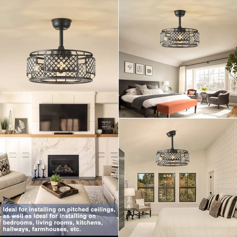 Farmhouse Crystal Cage Ceiling Fan With Remote Light 3 Speeds Cozy Vibe installed in various stylish rooms