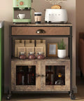 Real Deal Farmhouse Coffee Bar Cabinet And Three Tier Rolling Cart With Loaded Storage Drawer Sturdy Locking Casters Rustic Brown Wood Frame with drinks and appliances.