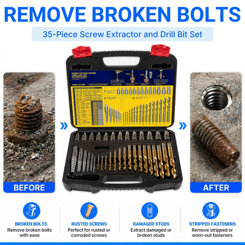 Heavy Duty 35-Piece Screw Extractor And Drill Bit Set For Pulling Broken Studs Stripped Bolts Rusted Seized Fasteners With Left Hand Cobalt Bits Perfect For Tough Auto Plumbing Job Garage Fix It Work, case open