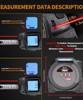 All In One Laser Rangefinder Tape Measure With LCD Distance Readout Up To 131 Feet And 40 Meters 0.1 Inch Precision 16 Foot Steel Tape Includes Heavy Duty Belt Clip For Fast Onsite Measurements front view with laser and tape readings