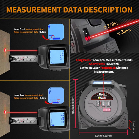 All In One Laser Rangefinder Tape Measure With LCD Distance Readout Up To 131 Feet And 40 Meters 0.1 Inch Precision 16 Foot Steel Tape Includes Heavy Duty Belt Clip For Fast Onsite Measurements front view with laser and tape readings
