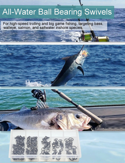 Ball Bearing Swivel Set 46 Piece Black Nickel Finish Barrel Swivels For Trolling And Freshwater Fishing Ultra Smooth 360 Degree Rotation Stainless Steel Bearings Reduces Line Twist And Improves Hookups, 46-piece set in organizer