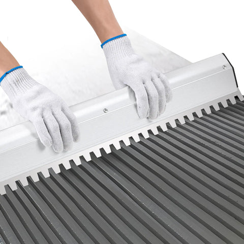 Hands using Heavy Duty 30 Inch Square Notched Tile Trowel For Large Tiles And Thick Bed Mortar Pro Grade Aluminum Alloy Frame
