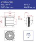 Diagram showing specifications of 12 Inch Shutter Exhaust Fan With Wireless Smart Remote Controlled Thermostat And Humidity Sensor