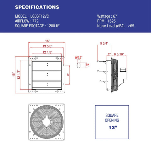 Diagram showing specifications of 12 Inch Shutter Exhaust Fan With Wireless Smart Remote Controlled Thermostat And Humidity Sensor