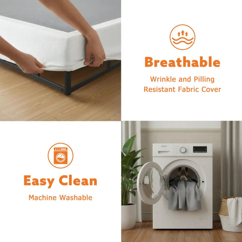 Person adjusting the tear resistant fabric cover on Badass Durability Seven Inch Queen Box Spring With Heavy Duty Steel Frame.
