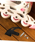 Roller Skate Brake Stopper Replacement Pad With Screws for Universal Inline Skates displayed with inline skate on wooden floor