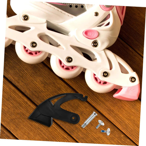 Roller Skate Brake Stopper Replacement Pad With Screws for Universal Inline Skates displayed with inline skate on wooden floor