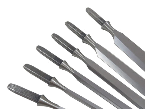 Six Piece Unhandled Premium Wood Chisel Blade Set In Sizes One Eighth Through One Inch For Do It Yourself Woodworking And Fine Carpentry Pro Grade Czech Made Blades displayed diagonally
